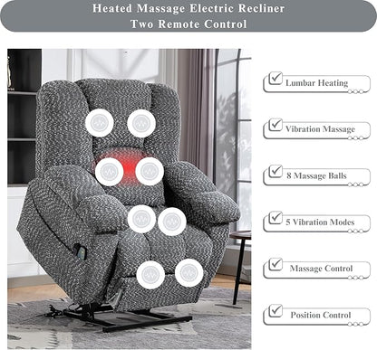 Big Man 500 lbs Power Lift Recliner for Big & Tall Elderly Adults 28 Inch Wide Seat, Lay Flat Lift Recliner Chair with Extended Footrest, Heat Massage, USB Type-C, Flip Arm Storage & Cup Holders