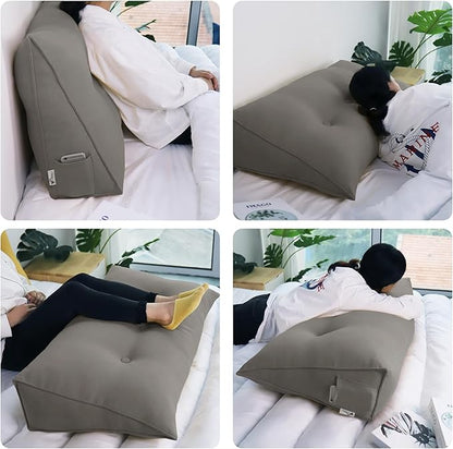 WOWMAX 85% Linen 15% Cotton Blend Headboard Pillow – Twin Size Reading Wedge Backrest for Bed, Handmade Firm Support Bolster Cushion with Removable Cover, Premium Bed Rest Pillow, Light Gray