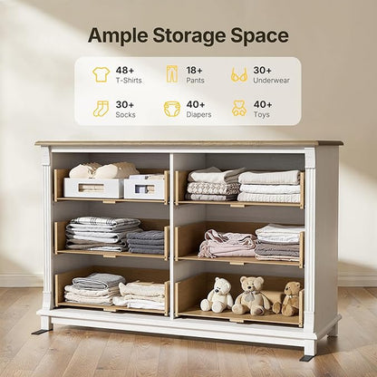 Amada 6 Drawers Dresser for Bedroom, Farmhouse 47" Wide Dresser & Chest of Drawers with Roman Column Design, Large Storage Organizer with 6 Drawer Sizes for Bedroom, Living Room