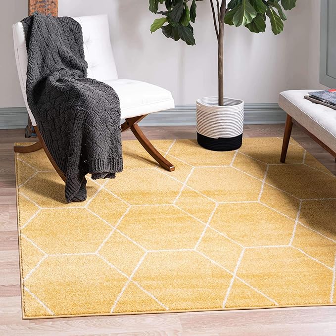Unique Loom Trellis Frieze Collection Area Rug - Geometric (7' Square, Yellow/ Ivory)