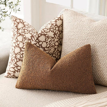 Foindtower Pack of 2 Textured Boucle Throw Pillow Covers Accent Solid Decorative Lumbar Pillow Cases Cozy Couch Cushion Case for Chair Sofa Bedroom Living Room Home Decor 12x20 Inch Hazel Brown