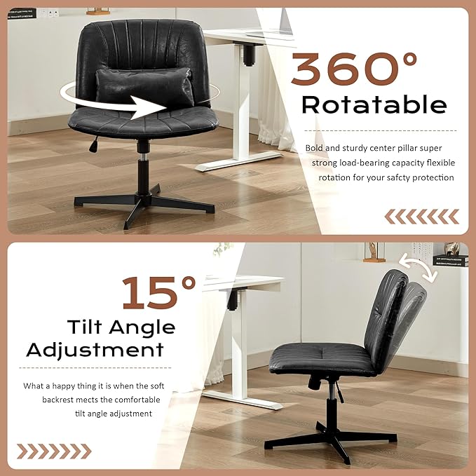 URRED Criss Cross Office Chair, Armless Cross-Legged Desk Chair with Fixed Legs, Height Adjustable Wide Seat Task Vanity Chair for Home Office or Bedroom (Black)