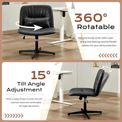 URRED Criss Cross Office Chair, Armless Cross-Legged Desk Chair with Fixed Legs, Height Adjustable Wide Seat Task Vanity Chair for Home Office or Bedroom (Black)