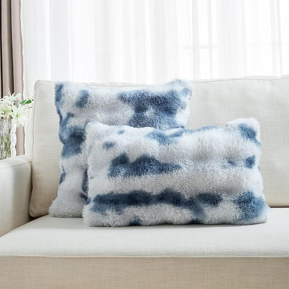 FUTEI Blue White Decorative Throw Pillow Covers 16x16 Inch Set of 2,Soft Fuzzy Faux Rabbit Fur Cushion Covers with Raised Texture,Neutral Boho Home Decor for Couch Bed Living Room