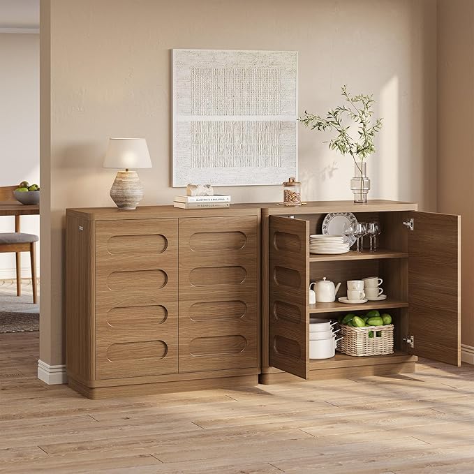 Buffet Cabinet Set of 2 with Storage, Arc Accent Sideboard with 2 Doors and Adjustable Shelves, Large Console Table for Dining Room, Kitchen, Living Room, Oakbrown