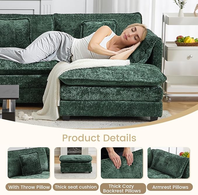 112" Modular Sectional Sofa with Movable Ottoman, L Shaped Couches for Living Room, 3 Seater Comfy Cloud Couch with Removable Cover, Armrest Pillow (Green)