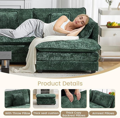 112" U Shaped Modular Sectional Sofa, 3 Seater Comfy Cloud Couch with Movable Ottoman, Deep Seat Couches for Living Room, Bedroom, Apartment (Green)