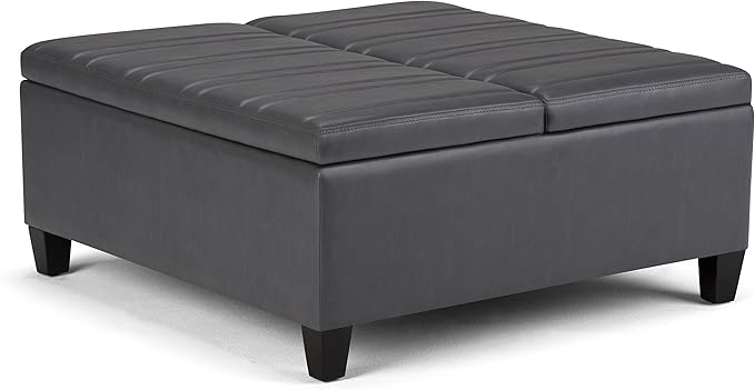 SIMPLIHOME Ellis 36 inch Wide Contemporary Square Coffee Table Storage Ottoman in Stone Grey Vegan Faux Leather, Assembled, For the Living Room and Bedroom
