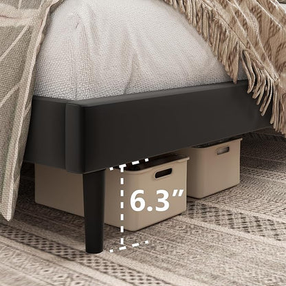 Full Size Platform Bed Frame with Velvet Upholstered Headboard, Full Bed Frame with Strong Wood Slats, Mattress Foundation, Box Spring Optional, Easy Assembly, Black