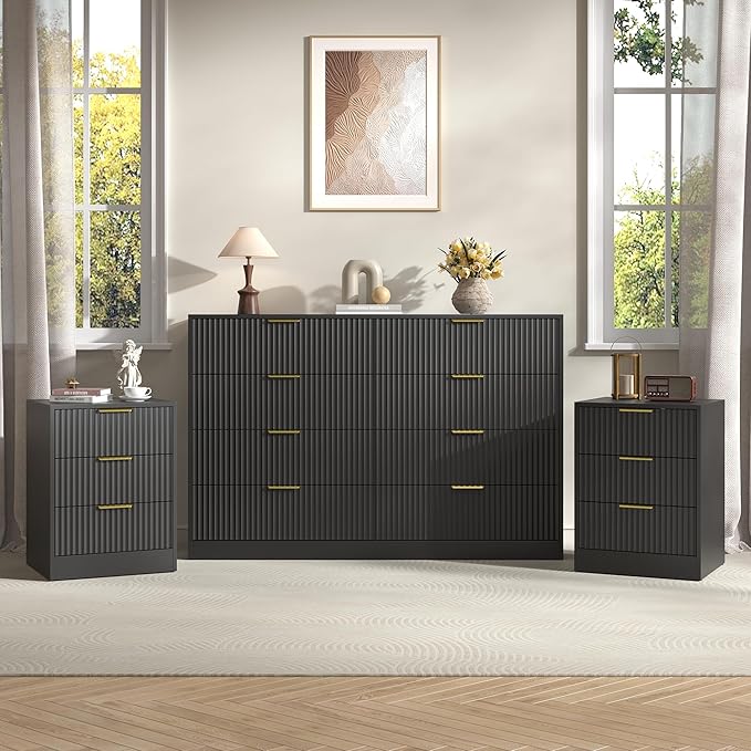 3-Piece Modern Bedroom Furniture Set, Wide 8-Drawer Dresser & 3-Drawer Nightstands Set of 2, Natural Wood Dresser and Nightstand Sets for Bedroom, Hallway, Black
