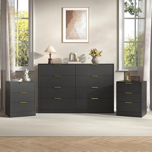 3-Piece Modern Bedroom Furniture Set, Wide 8-Drawer Dresser & 3-Drawer Nightstands Set of 2, Natural Wood Dresser and Nightstand Sets for Bedroom, Hallway, Black