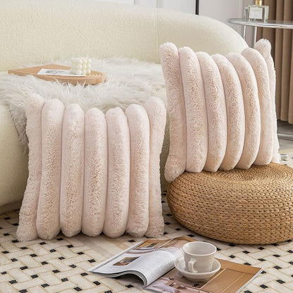 Neelvin Beige Faux Fur Cozy Soft Striped Decorative Throw Pillow Covers 26x26 inch Set of 2,Velvet Pillowcase Cushion Case for Sofa Couch