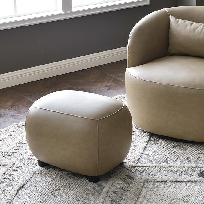 KINWELL 23" Wide Faux Leather Upholstered Ottoman, Mid-Century Modern Living Room Footrest with Soft Padded Seat, Footstool for Bedroom, Entryway or Living Room, Khaki