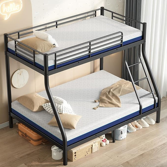 SDHYL Twin Over Full Bunk Bed with Two Mattresses, All-in-One Metal Bunk Bed Set for Kids/Adults, Heavy Duty Sturdy Frame, 6 Inch Twin & Full Memory Foam Mattress Included, Space-Saving, Easy Assembly