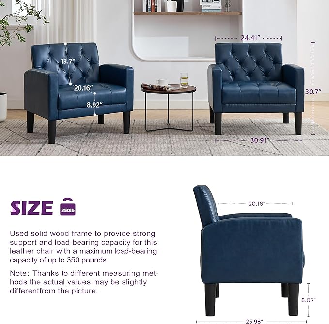 TYBOATLE Accent Chairs Set of 2 Comfy Living Room Chair Leather Tufted Mid Century Modern Accent Chair, Small Cozy Reading Arm Chair for Office, Bedroom (2, Blue)