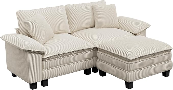 PHI VILLA Cloud Modular Couches Sets, 87.5" Sectional Loveseat Sofa with 1 Movable Ottoman, 3-Seater Comfy Couches for Living Room Apartment, Corduroy Fabric, Beige