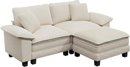 PHI VILLA Cloud Modular Couches Sets, 87.5" Sectional Loveseat Sofa with 1 Movable Ottoman, 3-Seater Comfy Couches for Living Room Apartment, Corduroy Fabric, Beige