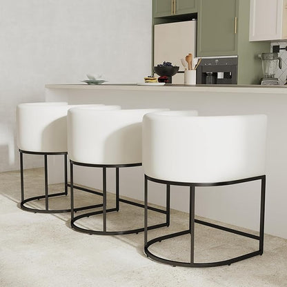 PU Leather Bar Stools Set of 3, Modern Upholstered Counter Height Bar stools 24" Leather Barstools Barrel Kitchen Counter Island Stools with Black Metal Base, White