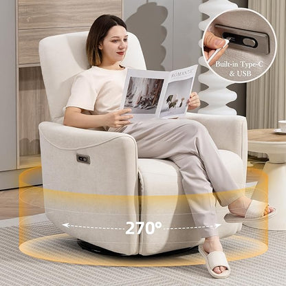 Power Swivel Recliner Chair, Upholstered Fabric Glider Electric Rocking Chair for Adults. Nursery Rocker Single Sofa with Lumbar Support for Living Room. Dual-port Charging: Type-C&USB, Beige
