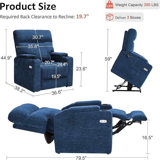 MCombo Lay Flat Dual Motor Power Lift Recliner Chair with Massage & Dual Heating, Arm Storage, Extended Footrest, USB A/C Ports & Cup Holders, Infinite Position for Elderly, Fabric LC002 (Navy)