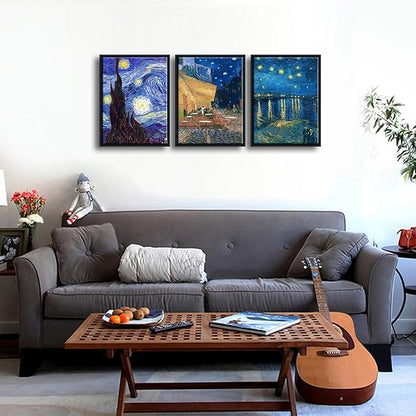 Wieco Art Framed 3 Panels Canvas Prints of Vincent Van Gogh Paintings Reproduction Starry Night Over the Rhone Cafe Terrace at Night Canvas Wall Art for Home Office Decor