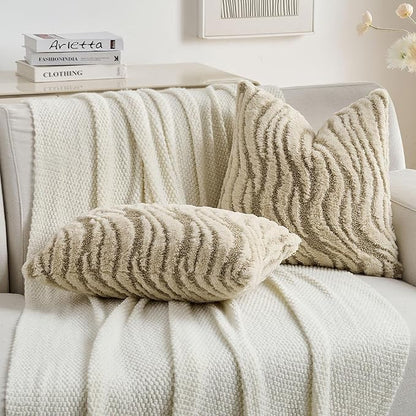FUTEI Beige Decorative Throw Pillow Covers 16x16 Inch Set of 2,Soft Faux Fur Geometric Shapes Texture Cushion Case,Boho Home Decor for Couch Bed Living Room
