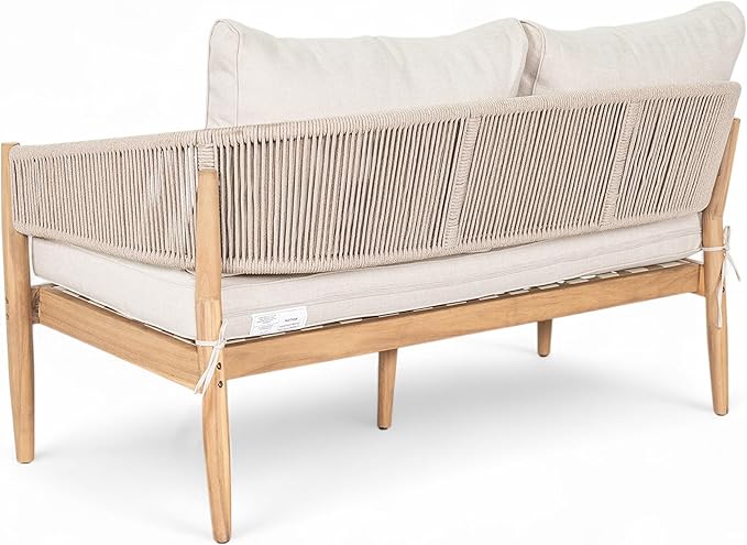 Christopher Knight Home Katarina Patio Acacia Wood Loveseat Furniture, Outdoor Loveseat Sofa with Comfy Fabric Cushions, 2-Seater Sofa with Handwoven Rope Backrest for Garden, Light Brown+Beige