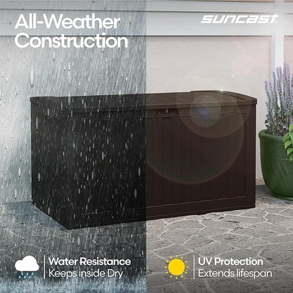Suncast 134-Gal. Waterproof Resin Extra-Large Outdoor Patio Deck Box with Pad-Lockable Lid, Modern Outdoor Patio Bench/Storage Box for Cushions, Garden Tools, and More, Java