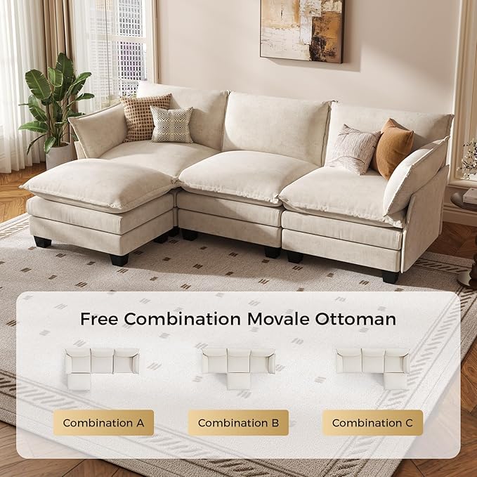 KKL 91.3" Modular Sectional Sofa, L-Shaped 4 Seater Cloud Couch with Ottoman, Chenille Modern Sectional Couches for Living Room, Apartment, Beige