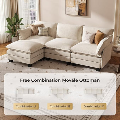 KKL 91.3" Modular Sectional Sofa, L-Shaped 4 Seater Cloud Couch with Ottoman, Chenille Modern Sectional Couches for Living Room, Apartment, Beige