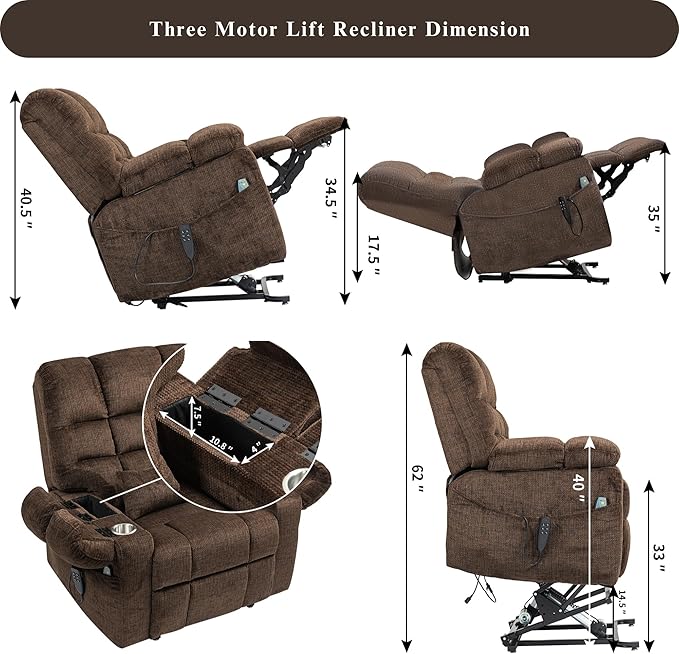 3-Motor Lift Chair with Adjustable Seat Height Zero Gravity Lay Flat Recliner with Heat Massage, Big Man Lift Recliners 400 lbs for Elderly Storage Cup Holders, Tall Man Recliner