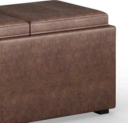 SIMPLIHOME Avalon 35 inch Wide Contemporary Rectangle 5 Pc Storage Ottoman in Distressed Chestnut Brown Vegan Faux Leather, Assembled, For the Living Room, Entryway and Family Room