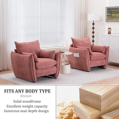 Chenille Oversized Accent Chairs, Modern Oversized Armchair with Removable Pillow, Comfy Living Room Chair with Side Pocket Storage for Bedroom, Office, Pink