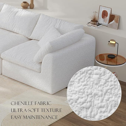 138" Boneless Cloud Couch Modular Sectional Sofa with Deep Seat for Living Room, L Shape Couch with Ottoman, Snowflake Cloth and 40D Memory Sponge，2 Throw Pillows (White, 4 Seater+2 Ottoman)
