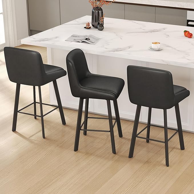 Swivel Bar Stools, 26''H Upholstered Barstools with Backs, Modern Counter Height Bar Stool Chairs for Kitchen Island, Metal Legs (Black- Faux Leather, Set of 2-26" H)