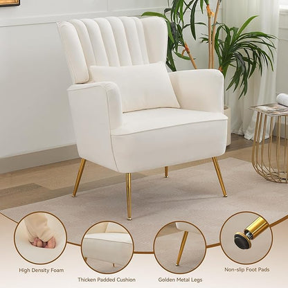 Fabric Accent Living Room Arm Chair Set of 2 Mid Century Modern Chairs with Pillow & Golden Legs, 8.5" Thick Cushion, Upholstered Comfy Sofa Armchair for Reading Room/Bedroom, White