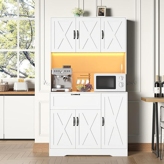 71" Kitchen Pantry Cabinets with Hutch - Freestanding Pantry Cabinet with Drawer, Adjustable Shelves, LED Light & Power Outlets for Kitchen, Dining Room, Living Room (White)
