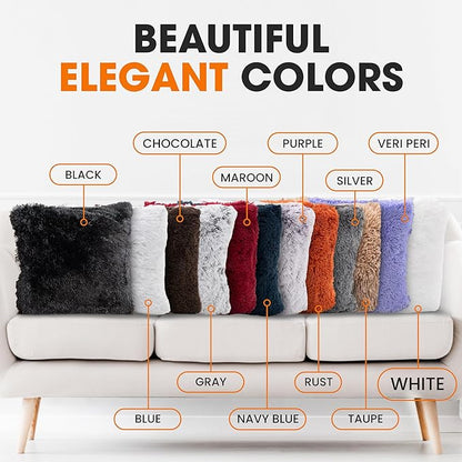 Cheer Collection Throw Pillows for Couch and Bed, Soft Shaggy Throw Pillows with Inserts Included, Cozy Long Hair Faux Fur Pillows - Set of 2-26" x 26" White