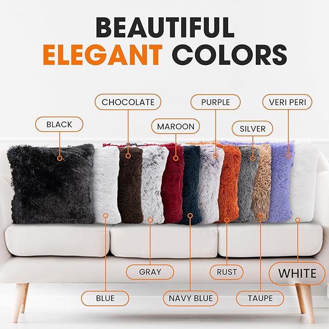 Cheer Collection Throw Pillows for Couch and Bed, Soft Shaggy Throw Pillows with Inserts Included, Cozy Long Hair Faux Fur Pillows - Set of 2-24" x 24" White