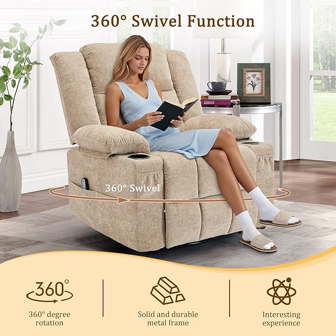 360° Rotating Adult Rocking Recliner, Baby Room Glider with Massage and Heating Functions, Rocking Chair with Cup Holder, Manual Recliner for Living and Bedroom (Fabric, Khaki)