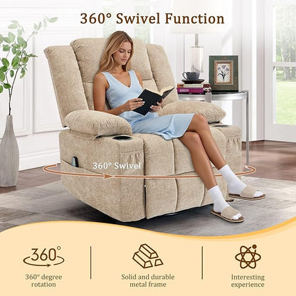 360° Rotating Adult Rocking Recliner, Baby Room Glider with Massage and Heating Functions, Rocking Chair with Cup Holder, Manual Recliner for Living and Bedroom (Fabric, Khaki)