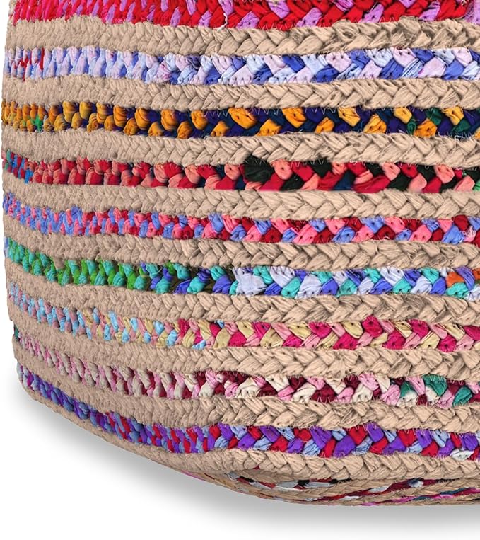 SIMPLIHOME Margo Square Pouf - 20 inch Wide Handwoven Jute and Cotton Chindi Braided Ottoman in Multi-Color, Boho-Style Footstool or Extra Seating for Living Room with Polystyrene Beads, Assembled