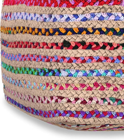 SIMPLIHOME Margo Square Pouf - 20 inch Wide Handwoven Jute and Cotton Chindi Braided Ottoman in Multi-Color, Boho-Style Footstool or Extra Seating for Living Room with Polystyrene Beads, Assembled