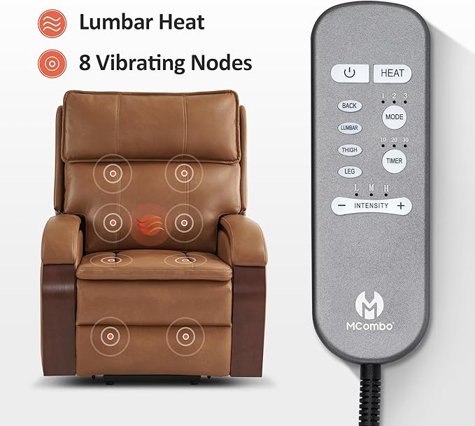 MCombo Power Lift Recliner Chair Sofa with Massage and Heat, Adjustable Headrest for Elderly People, Solid Wood Armrest, USB Ports, Side Pockets, Faux Leather 7917 (Tawny, Medium)