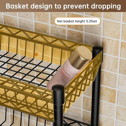 3-Tier Over-The-Toilet Storage Shelf,Heavy-Duty Adjustable Bathroom Rack with 2 Mesh Baskets,Toilet Paper Holder & Hooks,Space-Saving Organizer for Bathroom,10”D x 24”W x 66”H,Black