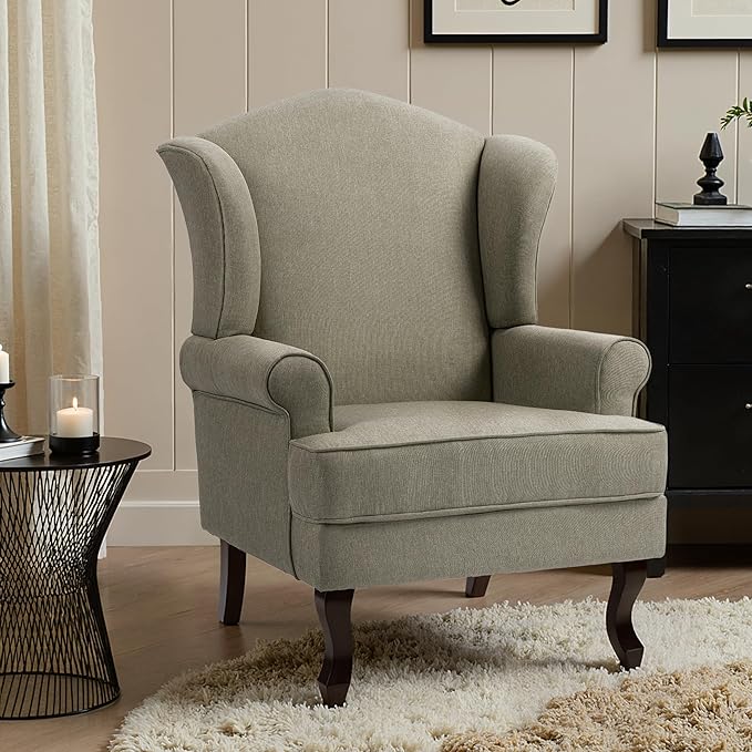 Pia Ricco Set of 2 High Back Accent Chairs: Upholstered Fabric Armchairs with Solid Wood Legs - Retro Living Room Pair, Comfy Reading Sofa Seats-Moss Grey