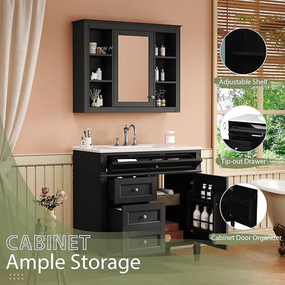 36" Bathroom Vanity with Matching Medicine Cabinet, Modern Sink Storage Cabinet with Drawers, Soft Closing Doors and Shelf, Bathroom Vanities with Sink & Mirror