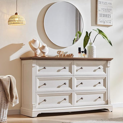 Farmhouse 6 Drawers Dresser for Bedroom, 54" Wide Large Dressers & Chests of Drawers w/Roman Column, Wooden Dresser TV Stand with Large Drawers for Nursery Bedroom Living Room Hallway, Antique White