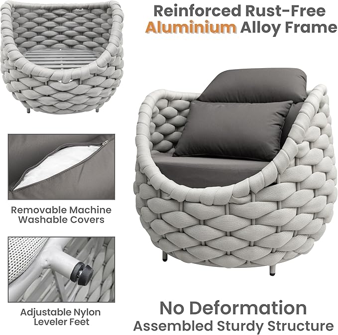 Patio Conversation Deck Furniture Sets: 6-Piece Aluminum Woven Rope Outdoor Sofa Set - Modern Cushions Couch Set - No Assembly Metal Porch Seating for Deck Yard Garden Lanai Pool Hotel Resort