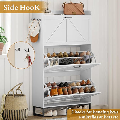 Shoe Cabinet Storage for Entryway, Shoe Storage Cabinet with 3 Flip Drawers, Freestanding Narrow Shoe Rack Organizer with Metal Legs & Side Hook for Foyer, Hallway, White